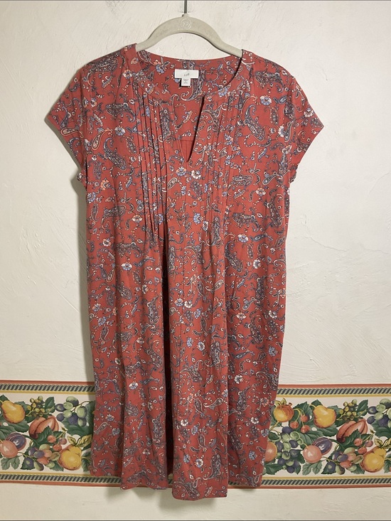 J. Jill Dresses & Skirts - J.Jill Terracotta Paisley Pleated Notch V Neck Knit Dress Pockets Size S Petite